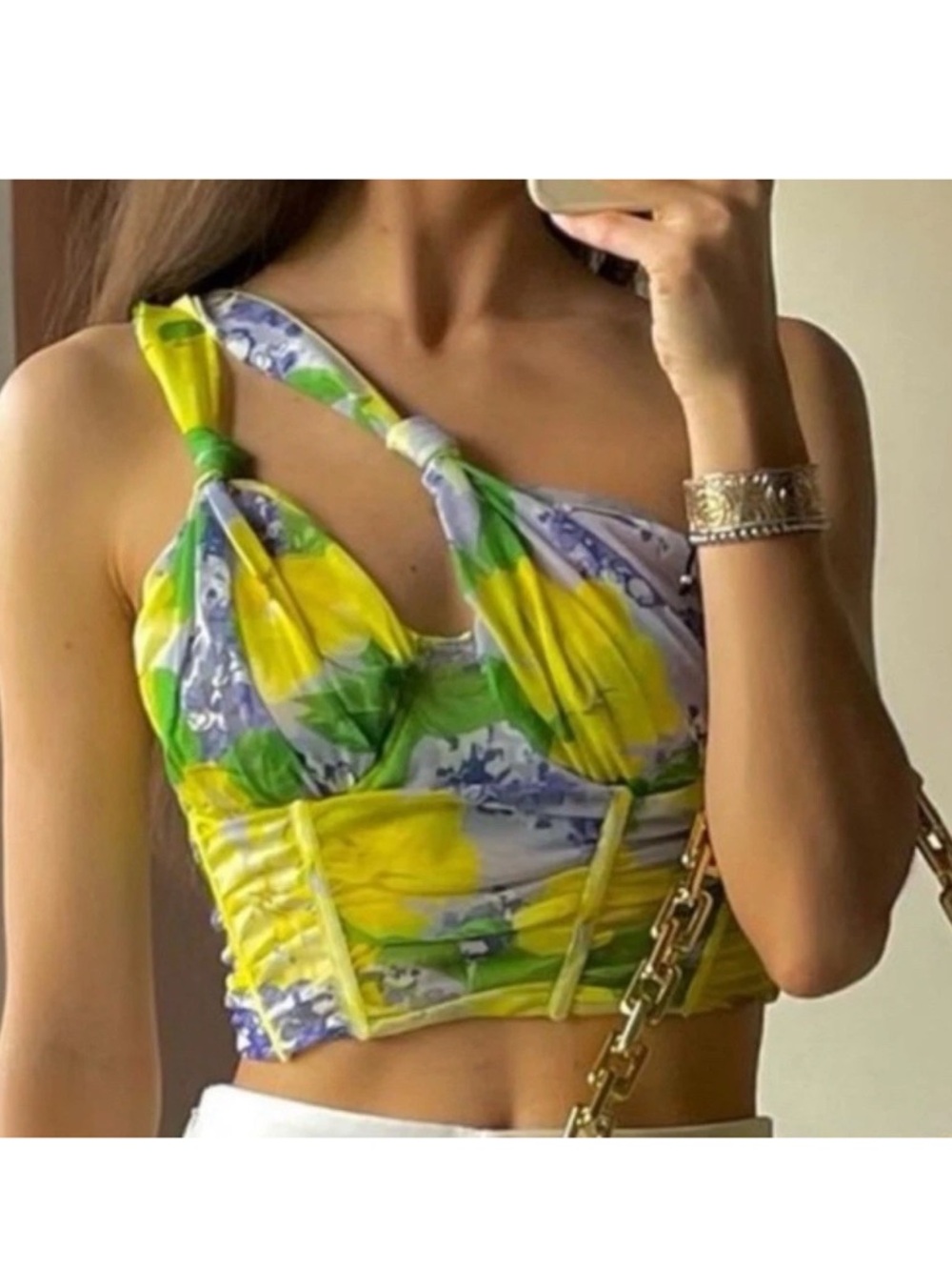Zara Asymmetrical Bustier Top Cropped Sz S Mesh Yellow Purple Green Brown